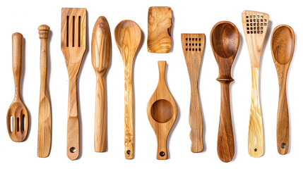 Set of wooden kitchen utensils, isolated on a white background