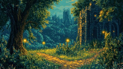 Pixelated Forest Path Leading to a Mysterious City at Dusk