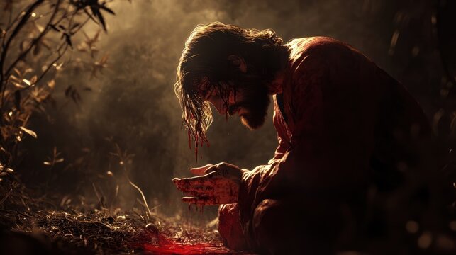 Imagination of Christ in the Garden of Gethsemane, praying earnestly as drops of blood fall to the ground, capturing the profound anguish before his arrest. Generative Ai.