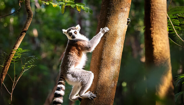 Lemur catta climbing a tree in the wild 