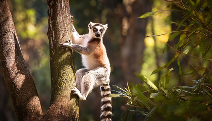 Lemur catta climbing a tree in the wild  - Powered by Adobe