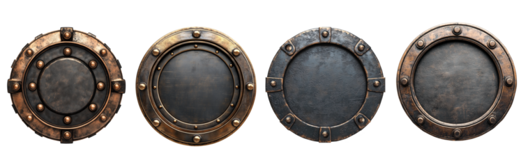 Set of metal rounds frames with rivets in steampunk style on transparent background PNG