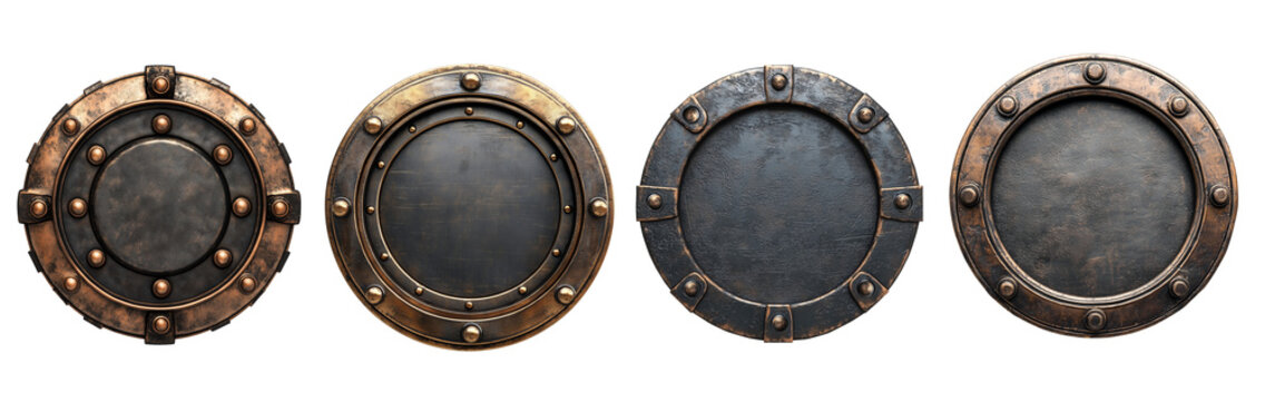 Set of metal rounds frames with rivets in steampunk style on transparent background PNG
