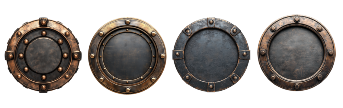 Set of metal rounds frames with rivets in steampunk style on transparent background PNG - Powered by Adobe