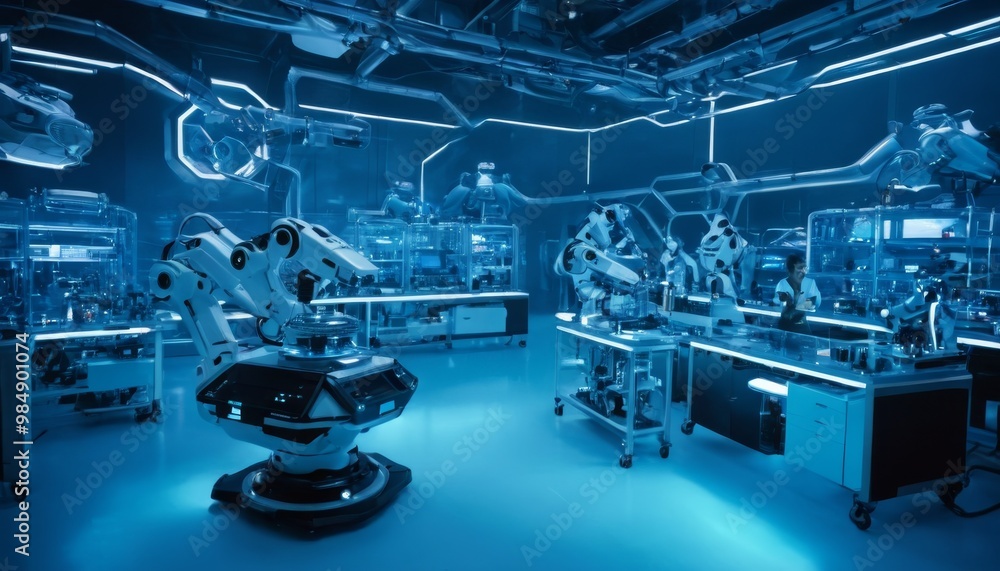 Poster a futuristic laboratory filled with state-of-the-art robotic machines and automation equipment. the 