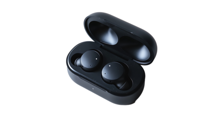 Pair of wireless earbuds in a charging case, isolated on a white background