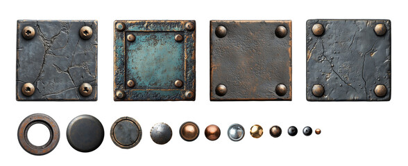 Rusty old square metal plates and rivets with industrial parts in steampunk style on transparency background PNG
