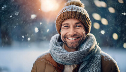 Person in a wool hat and thick scarf smiling in cold weather