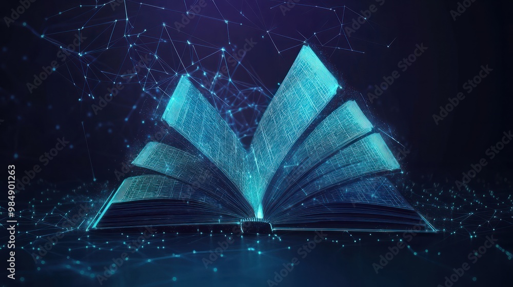 Aufkleber low poly wireframe online education blue background or concept with opened book. digital modern illu