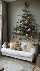 Alternative Eco christmas tree made from branches, driftwood and lights. Tree DIY n interior. Eco holiday at home. Idea creative Zero waste decorations home at holiday