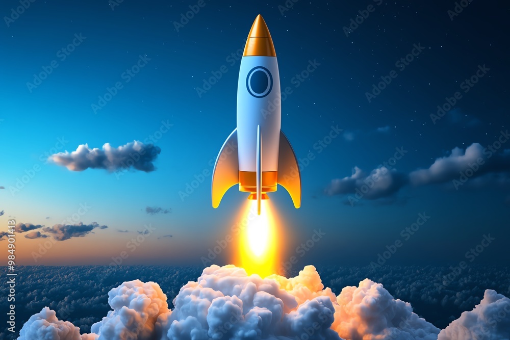 Poster Rocket taking off, symbolizing fast scaling and success for startups in a business accelerator