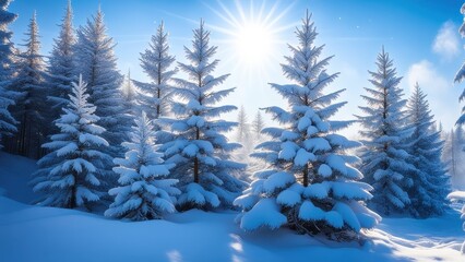 Fototapeta premium A serene winter landscape with snow-covered trees under a bright sun.