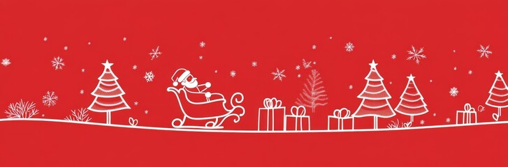 Naklejka premium Minimalistic Christmas Card Background in Red Featuring White Outline of Christmas Trees, Presents, and Santa Claus in Sleigh