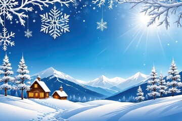 Fototapeta premium A serene winter landscape featuring a cozy cabin, snow-covered trees, and distant mountains under a bright sky.