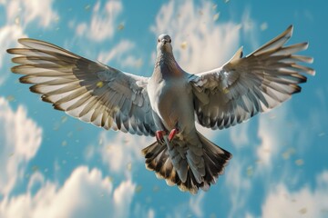 Obraz premium Dove Soaring with Wings Open in Blue Sky