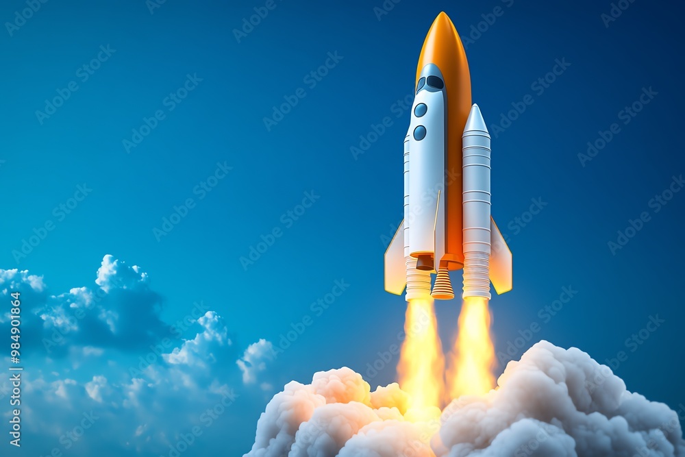 Poster Rocket taking off, symbolizing fast scaling and success for startups in a business accelerator