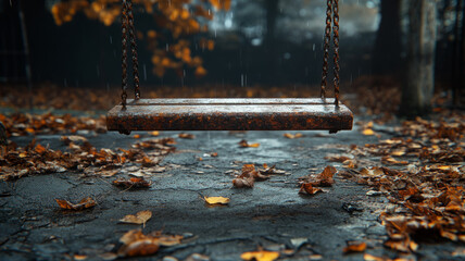 Empty swing in a rainy autumn park