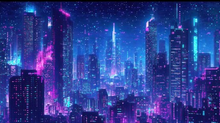 A Nighttime View of a Neon-Lit Cityscape with a Digital Grid Overlay