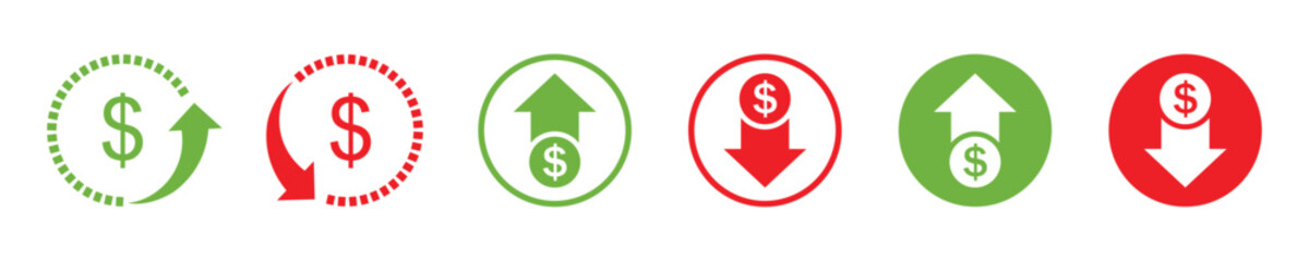 Dollar price up and down icon line style. Dollar coin graph up and down. Money cost arrow growth, decline. Currency investment. Up and down dollar arrow icon in flat style. Vector icon.