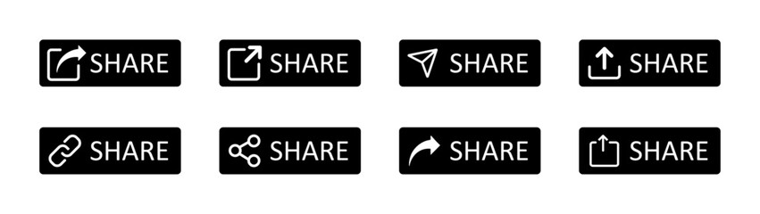 Share button vector icon set in black and white color. Set of share icons. Share button collection. Vector illustration.
