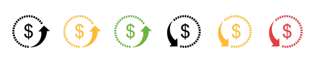 Dollar price up and down vector sign icon. Dollar coin graph up and down. Money cost arrow growth, decline. Currency investment. Market price. Up and down dollar arrow icon set. Vector illustration.