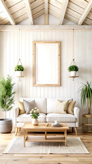 Fototapeta premium Mockup frame in farmhouse living room interior, 3d render, white Mock up