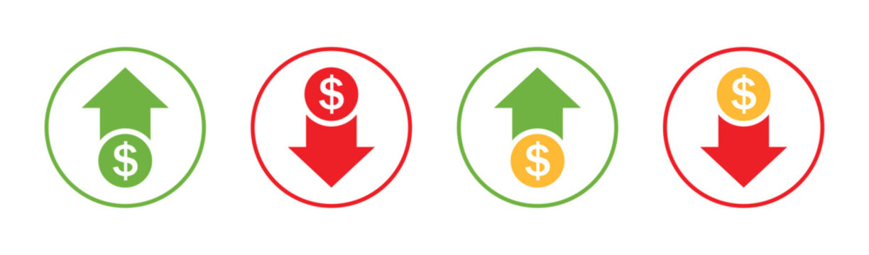 Dollar price up and down vector icon in outline style. Dollar coin graph up and down symbol. Money cost arrow growth, decline. Currency investment. Up and down dollar arrow. Vector illustration.