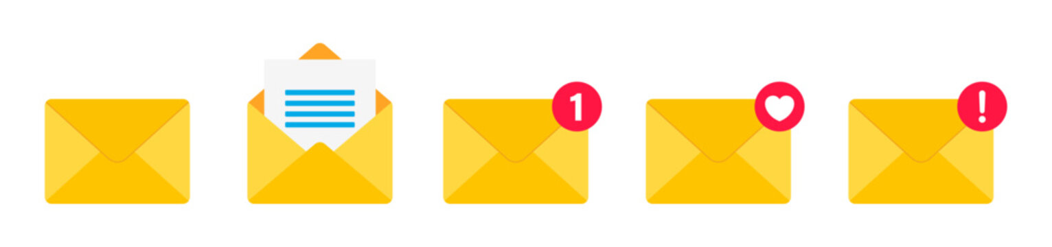 Incoming message icon set. Notification, message or email vector icon set isolated on white background. Envelope message icon collection. Incoming message notification vector illustration.