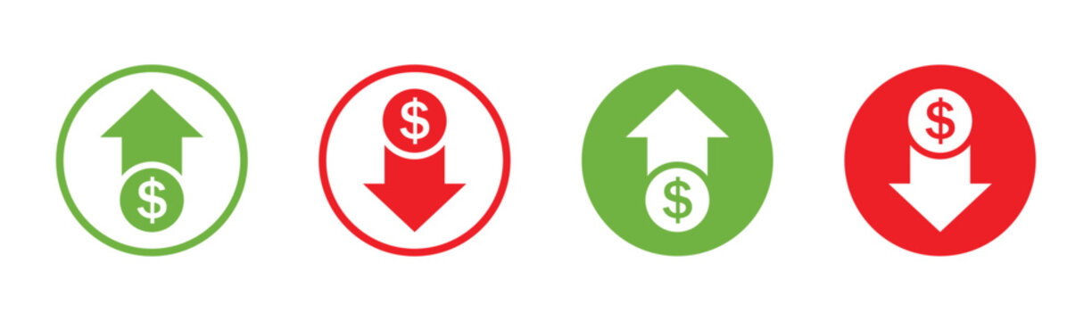 Dollar price up and down vector sign icon in flat or line style. Dollar coin graph up and down. Money cost arrow growth, decline. Currency investment. Market price. Up and down dollar arrow vector.