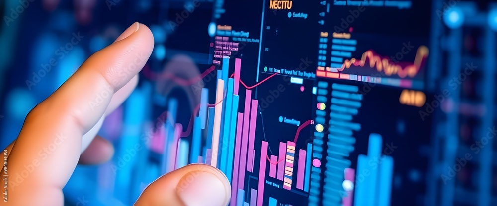 Poster a close-up shot of a smooth human finger interacting with a transparent touch screen displaying abst