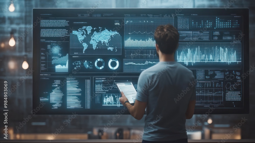 Poster person presenting and evaluating data chart - illustration created with generative ai