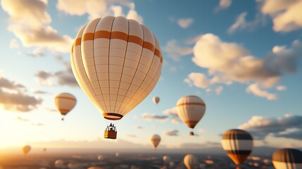 Obraz premium Colorful hot air balloons floating in the sky with soft clouds, rhythmic aerial calm, peaceful travel scene