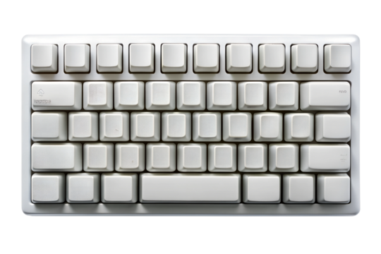 Close-up of white keyboard with keys on transparent background
