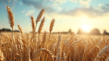 Fototapeta premium Golden wheat fields swaying in unison under a summer breeze, rhythmic agricultural flow, calming rural landscape