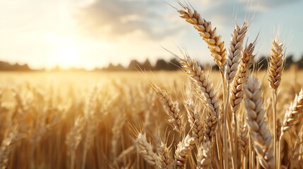 Fototapeta premium Golden wheat fields swaying in unison under a summer breeze, rhythmic agricultural flow, calming rural landscape