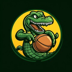 Obraz premium Cartoon alligator mascot holding basketball, mascot logo design for sports team or brand