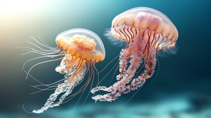 Jellyfish drifting gracefully in deep blue waters, rhythmic oceanic dance, calming underwater life