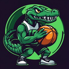 Obraz premium Cartoon Alligator Basketball Mascot with Basketball and Green Circle
