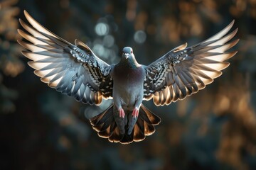 Naklejka premium Single pigeon in the air with wings wide open Single pigeon in the air with wings wide open