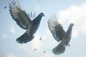 Fototapeta premium Twin pigeons in the air with wings wide open