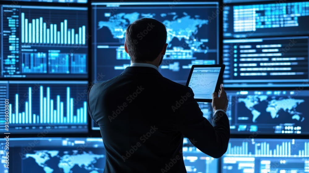 Poster sales performance management. businessman analyzing data for strategic operations decision making