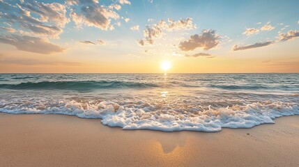 Soft waves gently lapping against a sandy shore under a pastel sunset, calming ocean rhythm, tranquil seascape