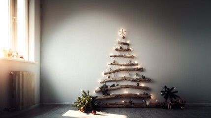 Alternative Eco christmas tree made from branches, driftwood and lights. Tree DIY n interior. Eco holiday at home. Idea creative Zero waste decorations home at holiday