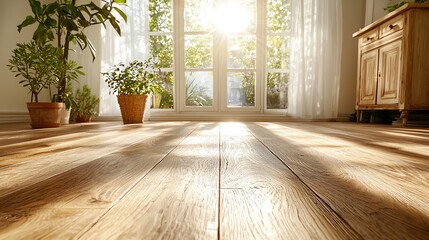 Warm sunlight creating soft patterns on a wooden floor, rhythmic interior light, calming home setting