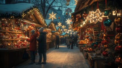 Obraz premium Families browsing colorful Christmas ornaments in a market, surrounded by glowing lanterns, snowflakes, and festive garlands.