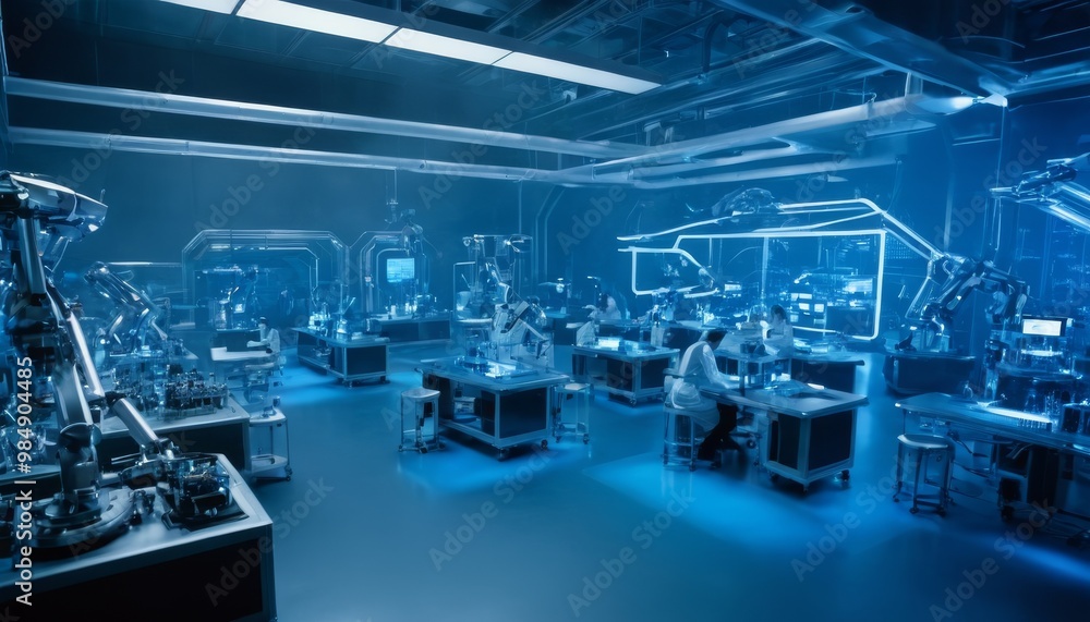 Poster wide-angle view of a high-tech research laboratory filled with robotic arms and advanced equipment. 