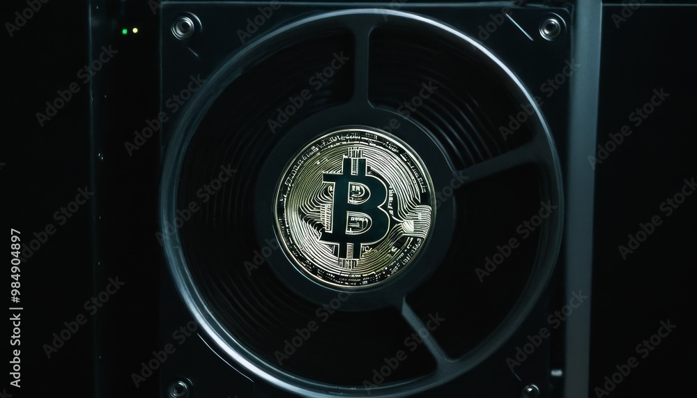 Poster a close-up shot of a bitcoin emblem embedded in the center of a cooling fan, with a dark background,