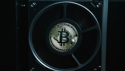 A close-up shot of a Bitcoin emblem embedded in the center of a cooling fan, with a dark background, highlighting the physical representation of digital currency in a technological setting. The image