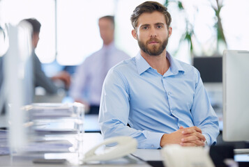 Office, businessman and portrait with computer for online information, page update and research....