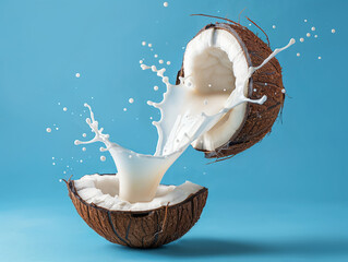 Coconut Halves with Coconut Milk Splash on Blue Background